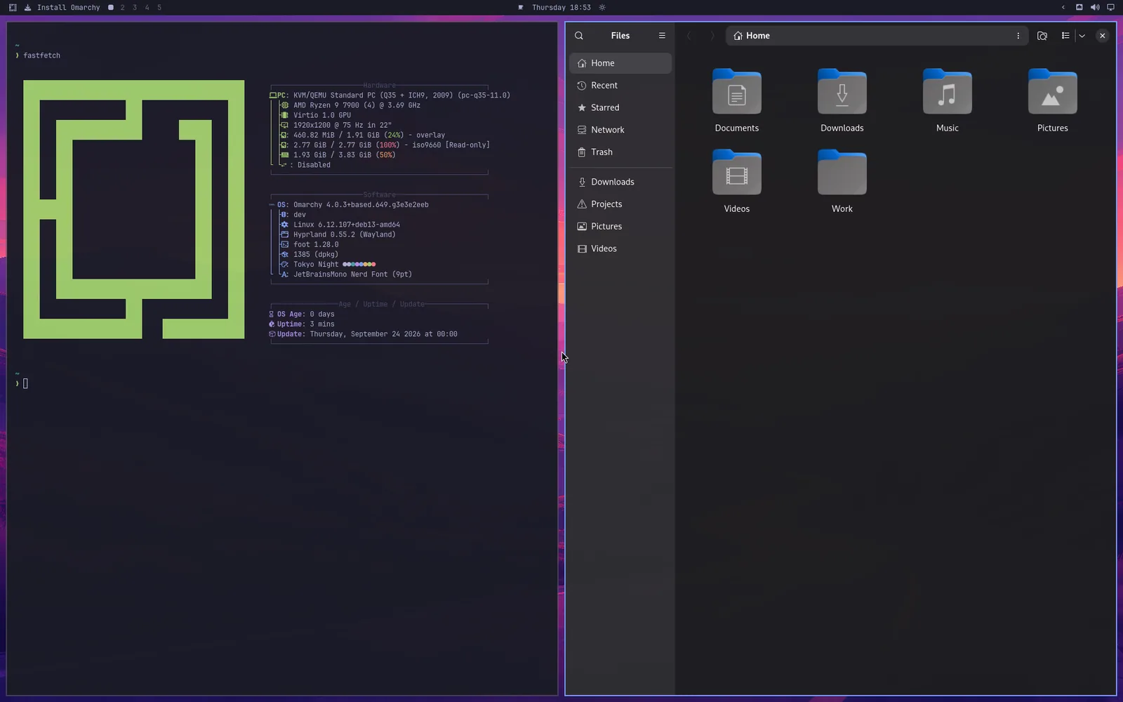 The Omarchy on Debian desktop, booted live