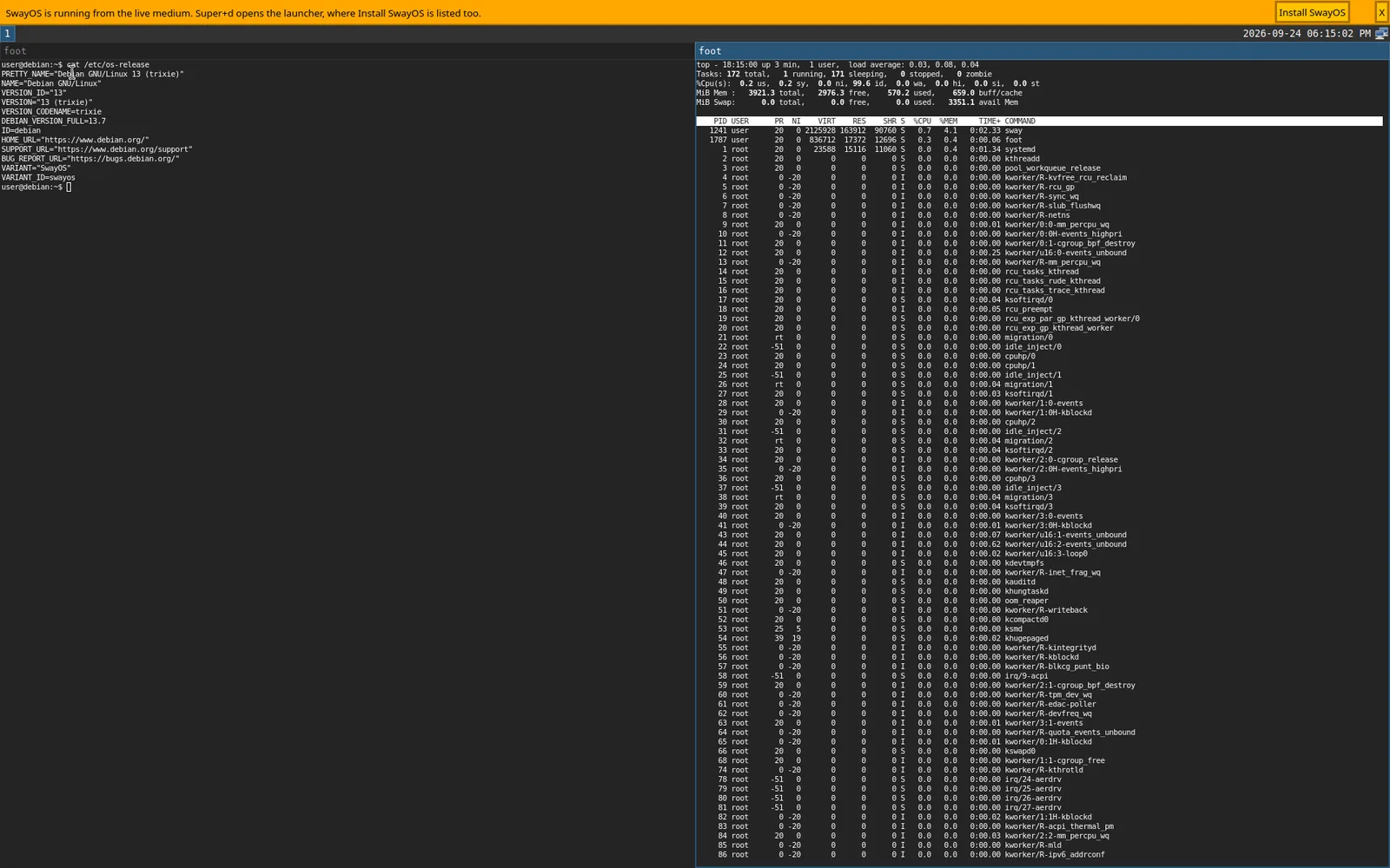 The SwayOS desktop, booted live